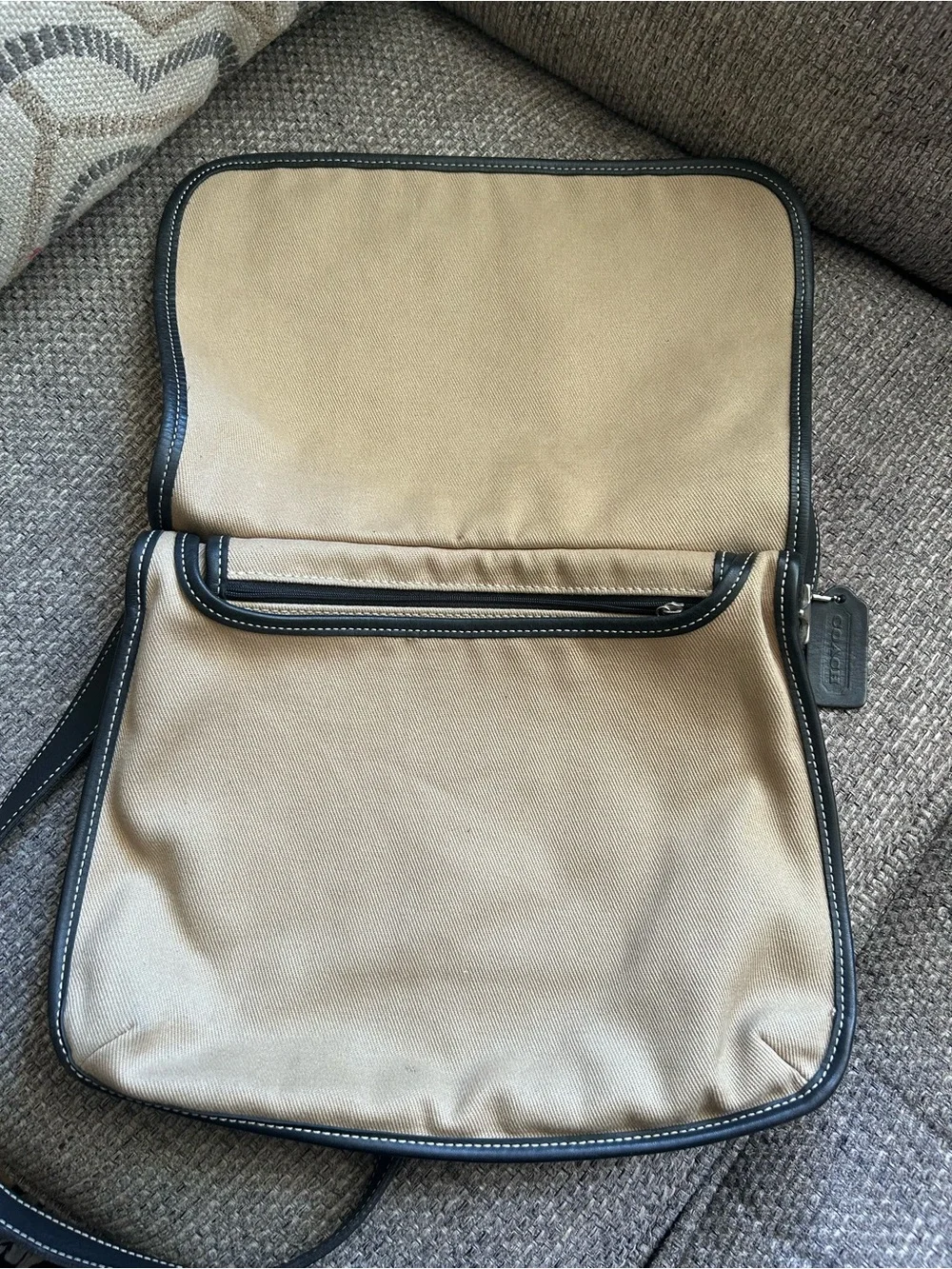 Canvas and Leather Trim Shoulder Bag - Beige